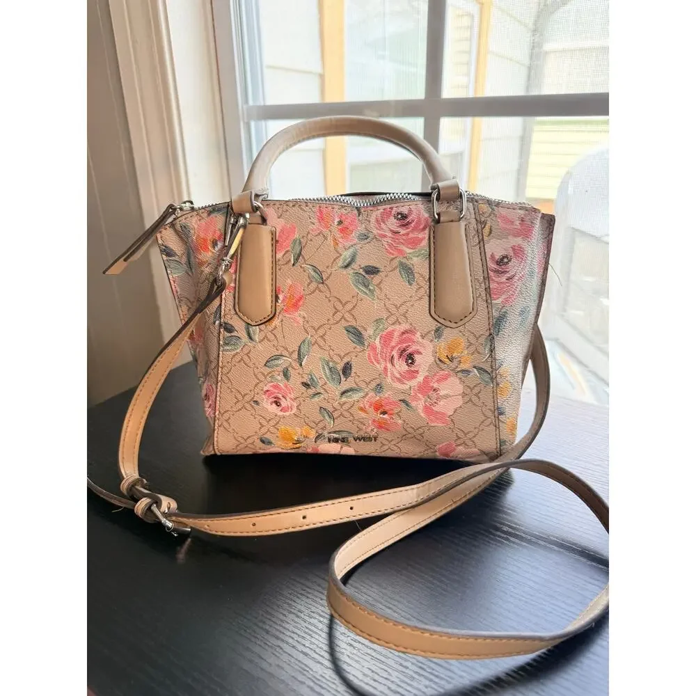 Nine West Floral Satchel Crossbody Bag Beige Pink Rose Small Top Handle Purse